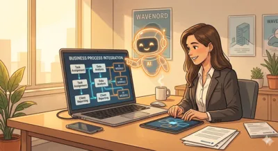 Un schéma illustre l'intégration d'un module IA dans un processus métier existant