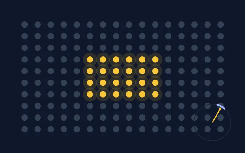 Champ de lucioles : un amas central synchronisé en ambre parmi des oscillateurs éteints en slate, avec un cercle de phase et son paramètre d'ordre.
