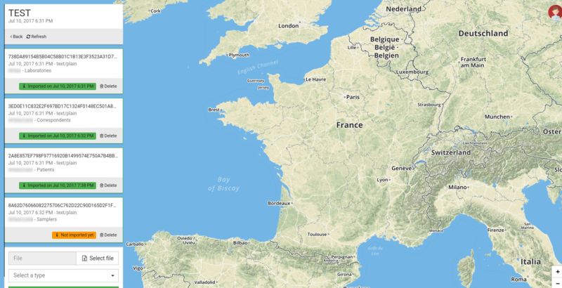 Interface de gestion des jeux de données : import de fichiers CSV avec barres de progression et carte de France.