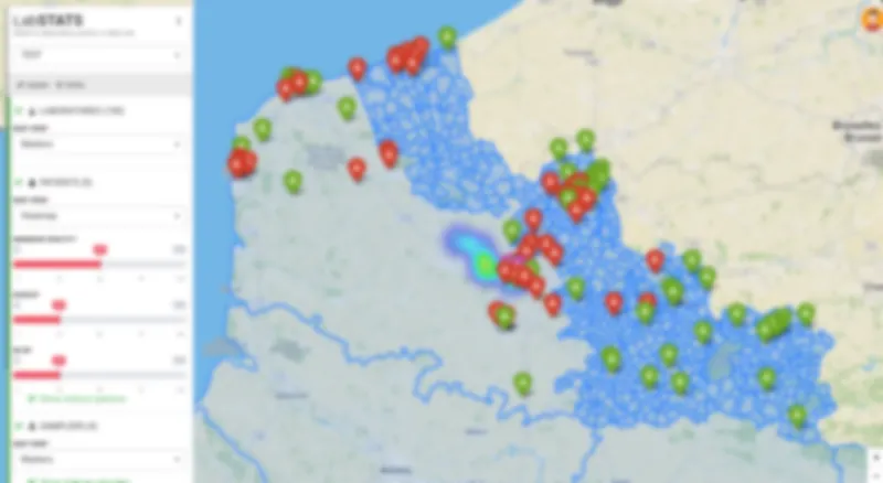 Carte avec superposition des limites administratives françaises (communes et départements) et marqueurs de laboratoires.