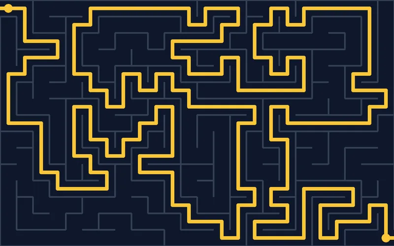 Labyrinthe aux murs slate sur fond sombre, traversé par un chemin de solution ambre serpentant de l'entrée à la sortie.