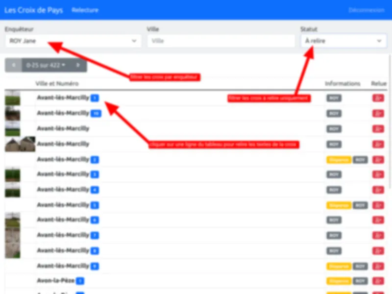 Liste des croix filtrables par enquêteur, ville et statut de relecture avec photos et badges.