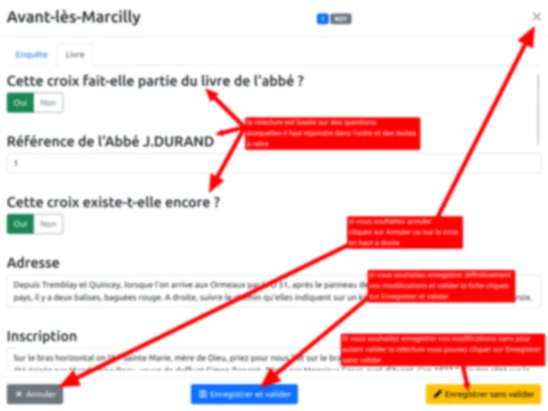 Formulaire de relecture d'une croix : validation des informations, référence bibliographique et adresse.
