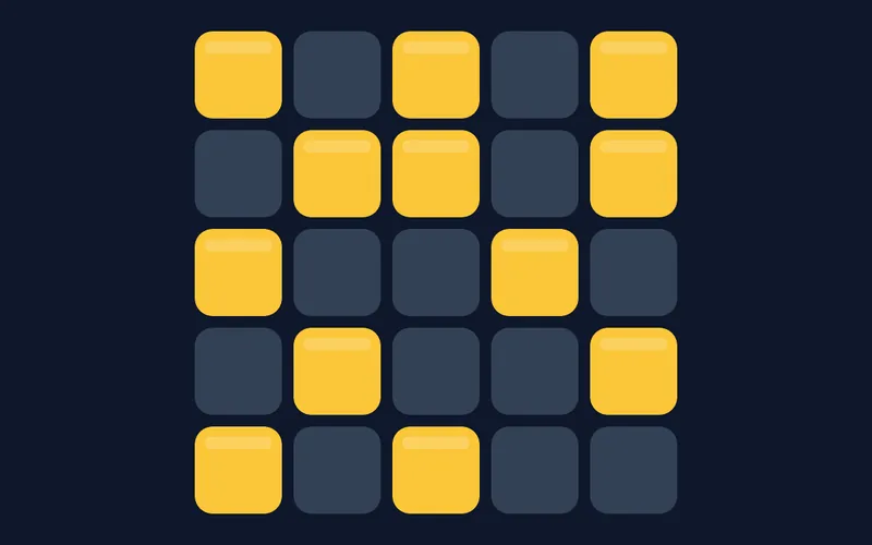 Écran de jeu Lights Out : une grille 5×5 de cellules arrondies, certaines allumées en ambre, d'autres éteintes en slate sombre.