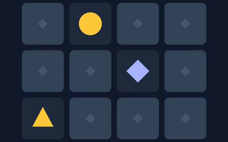 Écran de jeu Memory : une grille 4×4 de cartes au dos slate, quelques-unes retournées montrant des symboles ambre et indigo.