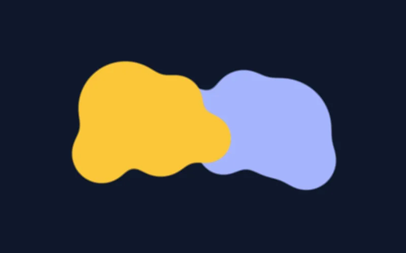 Metaballs : deux blobs organiques, un ambre et un indigo, en train de fusionner sur fond bleu nuit.