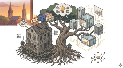 Un figuier étrangleur enveloppe progressivement un bâtiment ancien tandis que des modules modernes émergent de ses branches