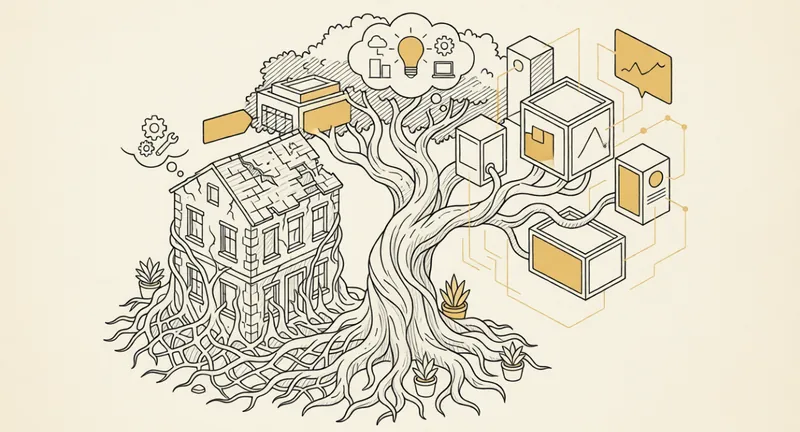 Un figuier étrangleur enveloppe progressivement un bâtiment ancien tandis que des modules modernes émergent de ses branches