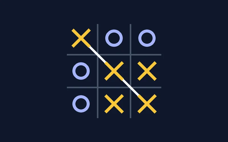 Écran de jeu Morpion : une grille 3×3 avec des croix ambre, des ronds indigo et une ligne gagnante mise en évidence.