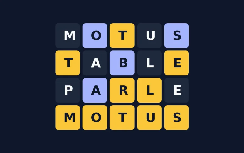 Écran de jeu Motus : une grille de mots de cinq lettres avec des cases ambre, indigo et slate, façon Wordle.