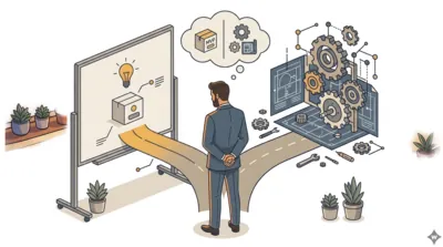 Un décideur face à deux chemins : un MVP simple et un produit complet avec ses engrenages