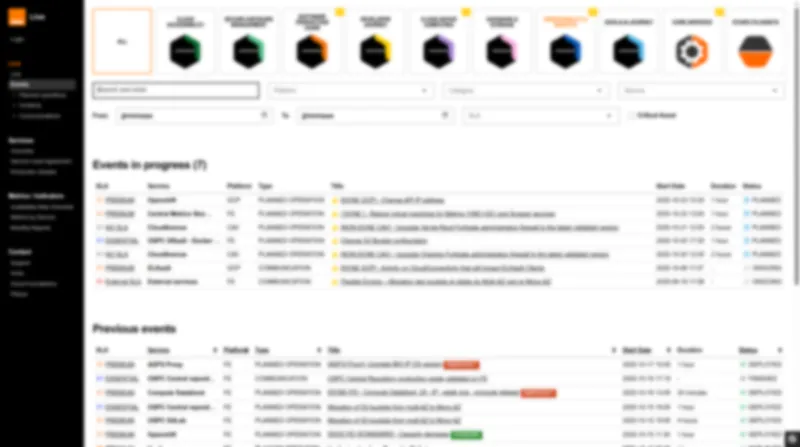 Dashboard : catalogue des services avec indicateurs de santé et statuts en temps réel.
