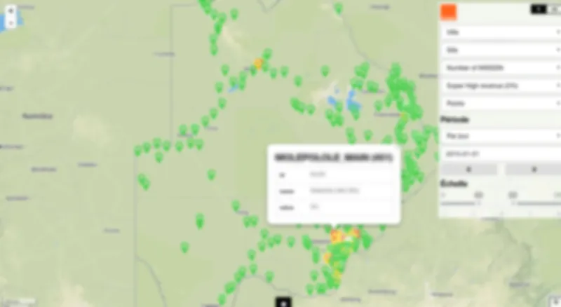 Carte interactive : visualisation des sites mobiles avec indicateurs KPI par zone géographique au Botswana.