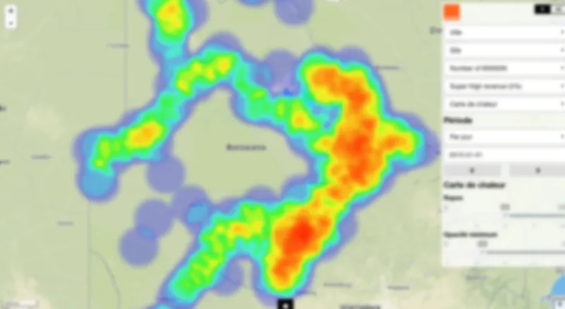 Carte de chaleur : densité des paiements mobiles par région avec filtres par indicateur et période.
