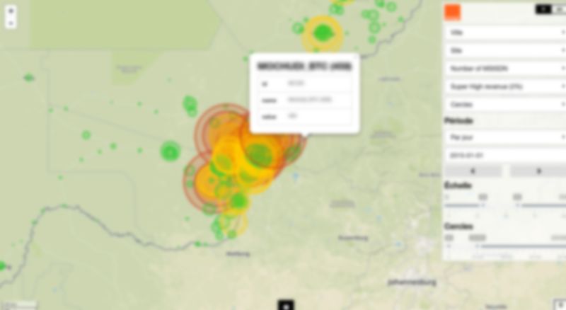 Visualisation en cercles proportionnels : volume d'activité par site mobile avec popup de détail.