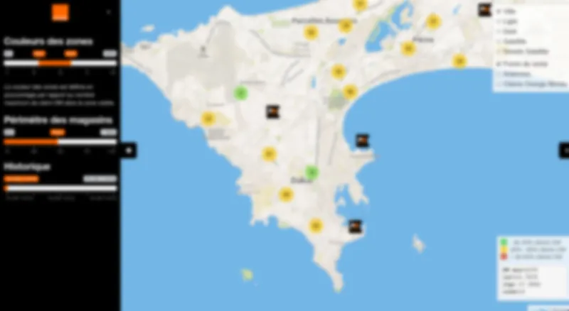 Carte interactive : visualisation des zones de couverture avec densité de clients, points de vente et antennes relais.