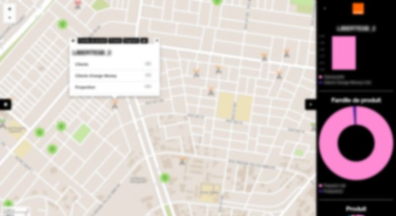 Popup de détail : statistiques d'une antenne relais avec répartition clients et diagramme par famille de produit.
