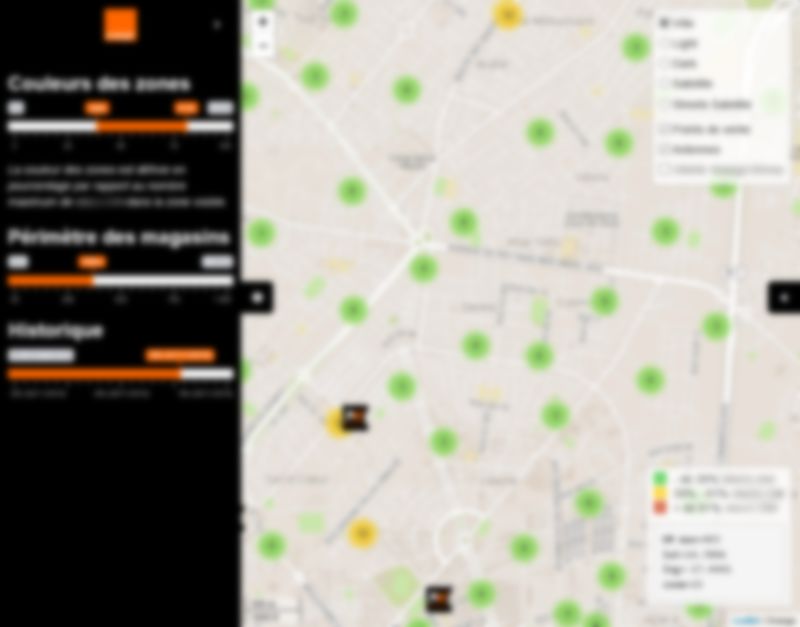 Vue rapprochée : détail d'un quartier avec points de vente, zones de couverture et navigation temporelle.