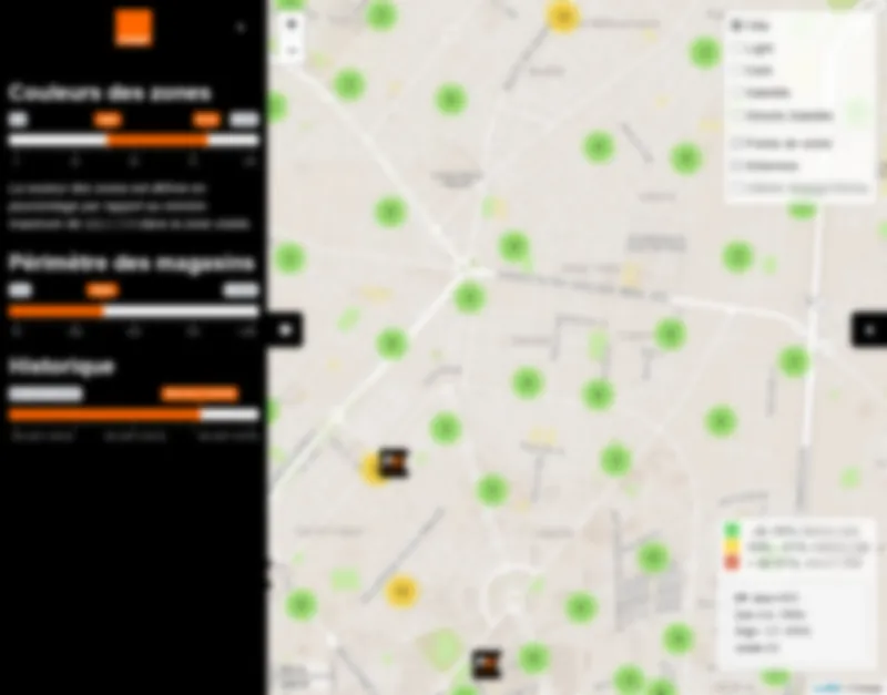 Vue rapprochée : détail d'un quartier avec points de vente, zones de couverture et navigation temporelle.