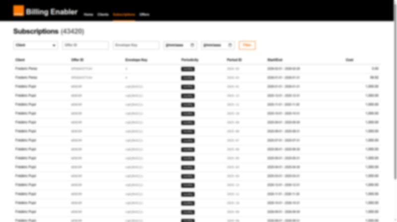 Back-office : liste des abonnements avec filtres par client, offre, enveloppe et période.