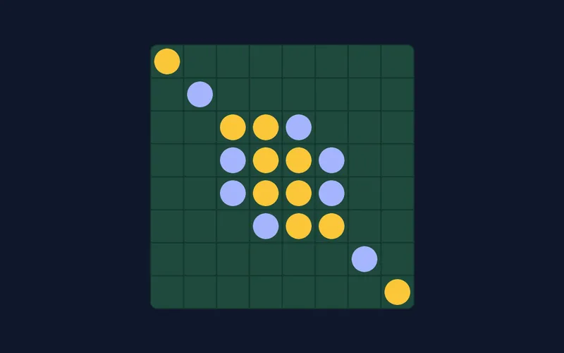 Écran de jeu Othello : un plateau 8×8 vert-slate avec des pions ambre et indigo qui s'encadrent.