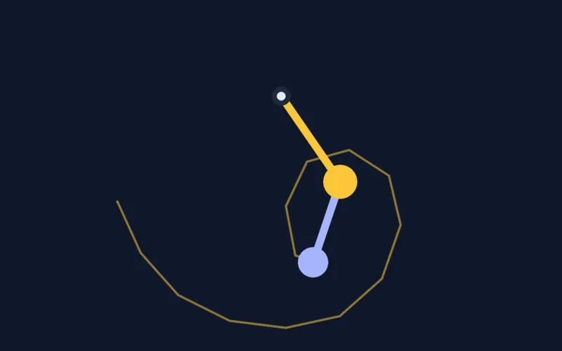 Double pendule chaotique : deux bras et deux masses ambre et indigo suspendus à un pivot, avec la traînée courbe laissée par la pointe.
