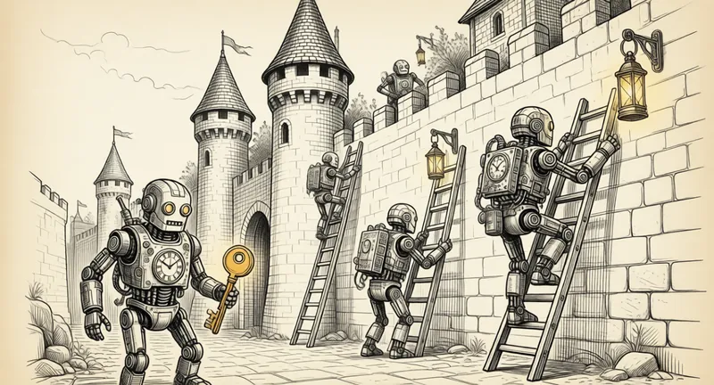 De petits robots mécaniques escaladent les murs d'une forteresse, l'un d'eux tient une clé ambre