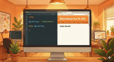 Un écran d'ordinateur affiche du code PHP et son rendu dans le navigateur web
