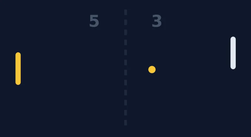 Écran de jeu Pong : deux raquettes, une balle et un filet pointillé au centre.
