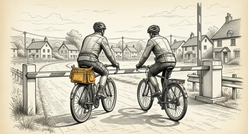 Un poste-frontière à la barrière levée, franchi par un cycliste portant une sacoche d'outils ambre