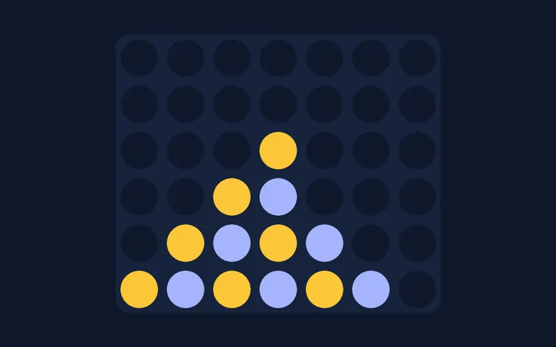 Écran de jeu Puissance 4 : une grille 7×6 bleu foncé avec des jetons ambre et indigo empilés.
