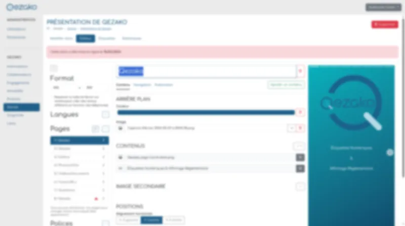 Back-office Qezako : configuration d'une étiquette numérique avec contenus visuels et réglementaires.