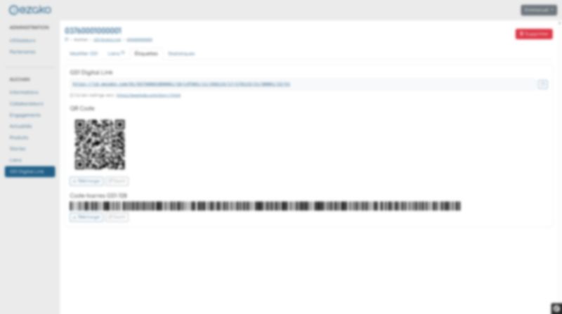 Gestion GS1 Digital Link : génération de QR Code et code-barres GS1-128 pour un produit.