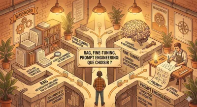 Un diagramme compare trois approches IA : prompt engineering, RAG et fine-tuning