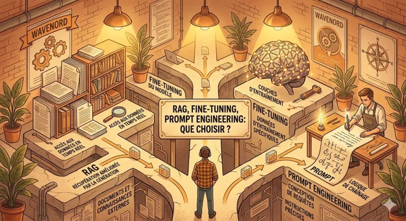 Un diagramme compare trois approches IA : prompt engineering, RAG et fine-tuning