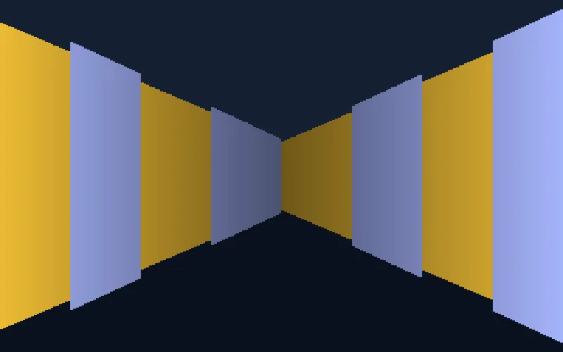 Vue pseudo-3D d'un couloir en Raycaster : des tranches verticales de murs ambre et indigo assombries par la distance convergent vers un point de fuite, sol et plafond sombres.