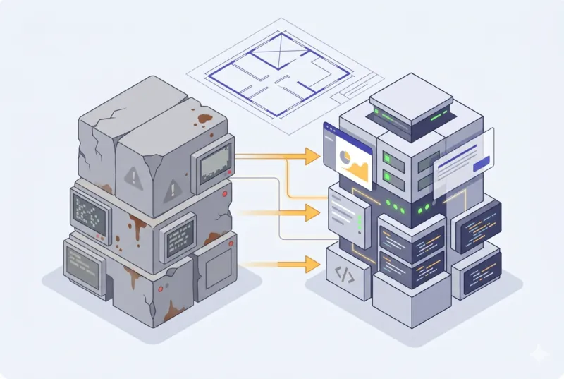 Schéma d'architecture d'une refonte d'application web, montrant la transition entre l'ancien et le nouveau système.