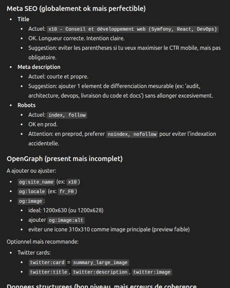Screenshot de propositions de ChatGPT pour améliorer le SEO de x10-solutions.fr