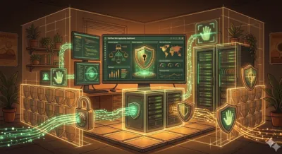 Un écran affiche un tableau de bord de sécurité applicative avec des indicateurs verts