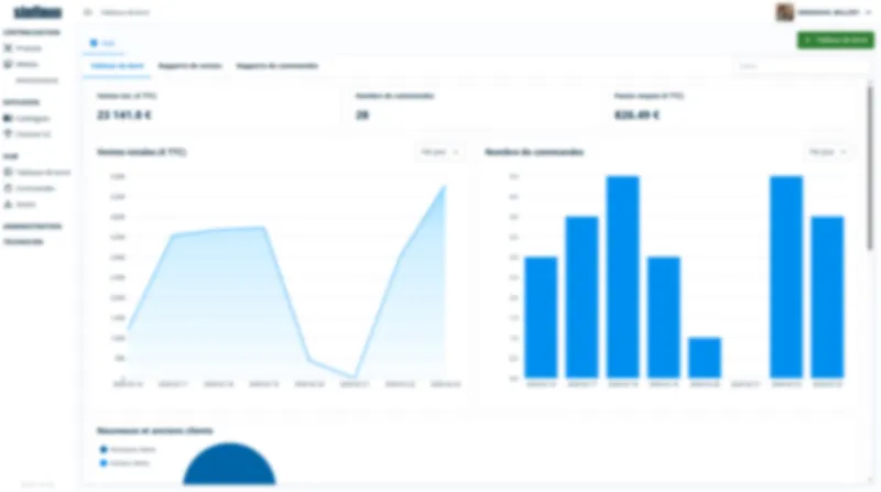 Tableau de bord Hub : indicateurs de ventes, graphiques de commandes et suivi des clients.