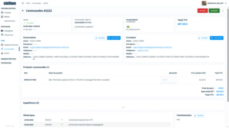 Détail d'une commande Hub : facturation, livraison, produits commandés et historique.