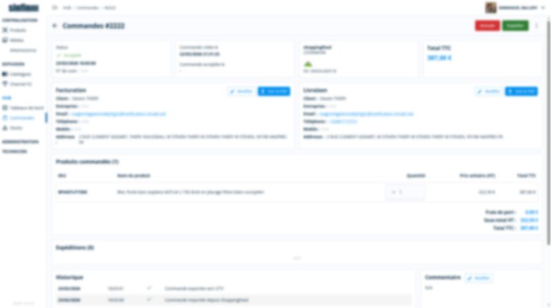 Détail d'une commande Hub : facturation, livraison, produits commandés et historique.