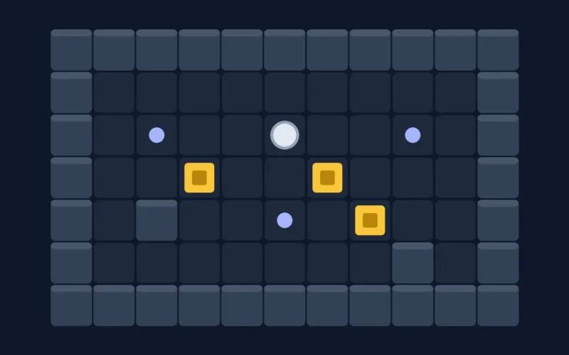 Écran de jeu Sokoban : un entrepôt en grille avec des murs slate, des caisses ambre, des cibles indigo et un personnage.