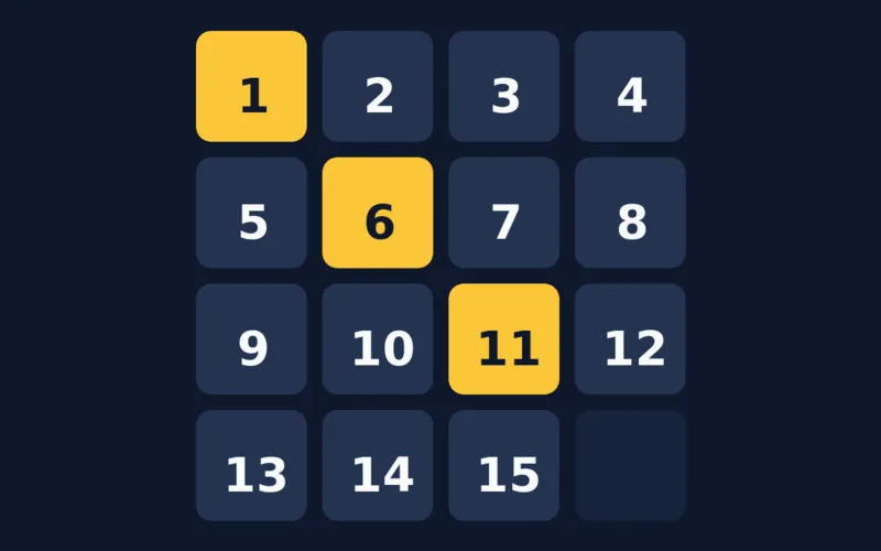 Écran de jeu Taquin : une grille 4×4 de tuiles numérotées de 1 à 15 avec une case vide, quelques tuiles en ambre.
