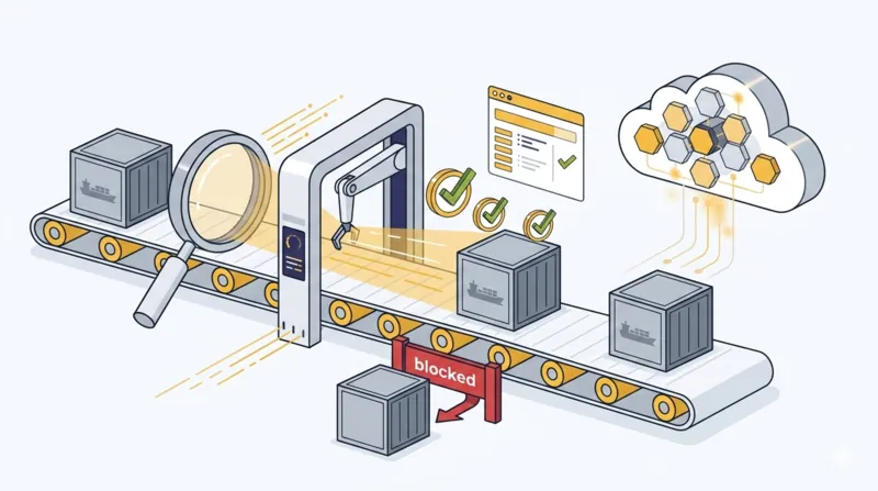 Un pipeline d'intégration continue valide un container Docker avant son déploiement en production