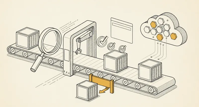 Un pipeline d'intégration continue valide un container Docker avant son déploiement en production