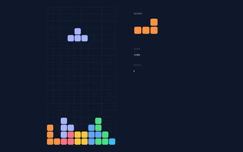 Écran de jeu Tetris : un puits sombre avec des tétrominos colorés empilés et une pièce en cours de chute.