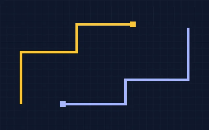 Écran de jeu Tron : une arène en grille sombre parcourue par deux traînées à angle droit, l'une ambre et l'autre indigo.