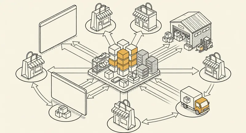 Schéma de flux entre un PIM et plusieurs marketplaces
