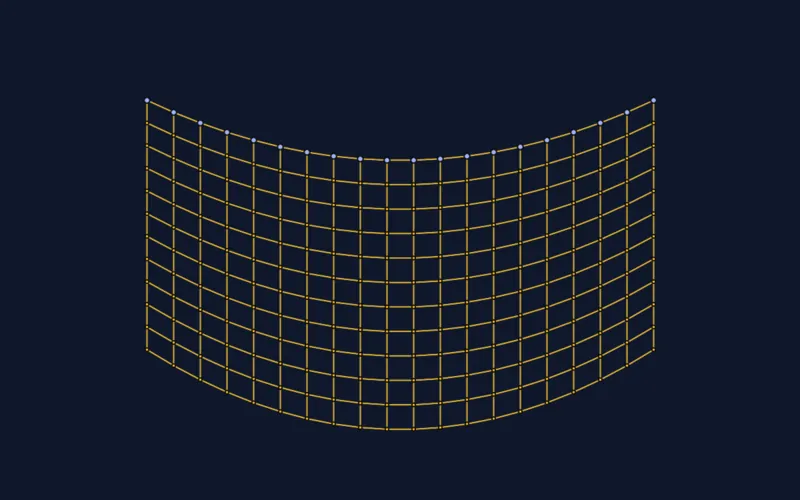 Simulation de tissu Verlet : un maillage de points ambre relié par des segments, épinglé et légèrement drapé sur fond sombre.